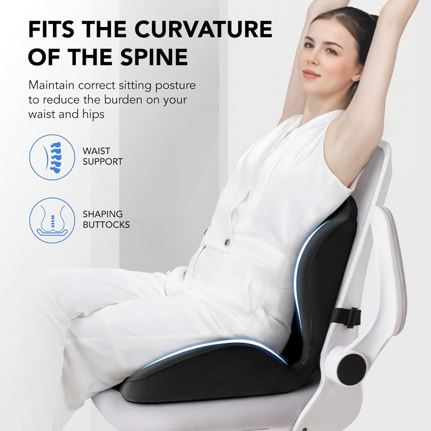 Ergonomic Waist Support and Seat Cushion, 2-in-1 Memory Foam Pad, Hollow Design for Coccyx, Suitable for Office Chairs, Car Safety Seats and Household Use - Relieves Lower Back and Hip Pain (Grey)