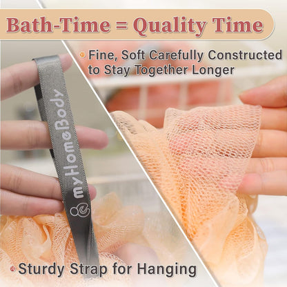 myHomeBody Large 70g Loofah Sponge, Bath Body Scrubber for Women, Men, Exfoliating Shower Pouf with Activated Charcoal - 2 Graphite Gray + 1 Sage Green, 3 Pack