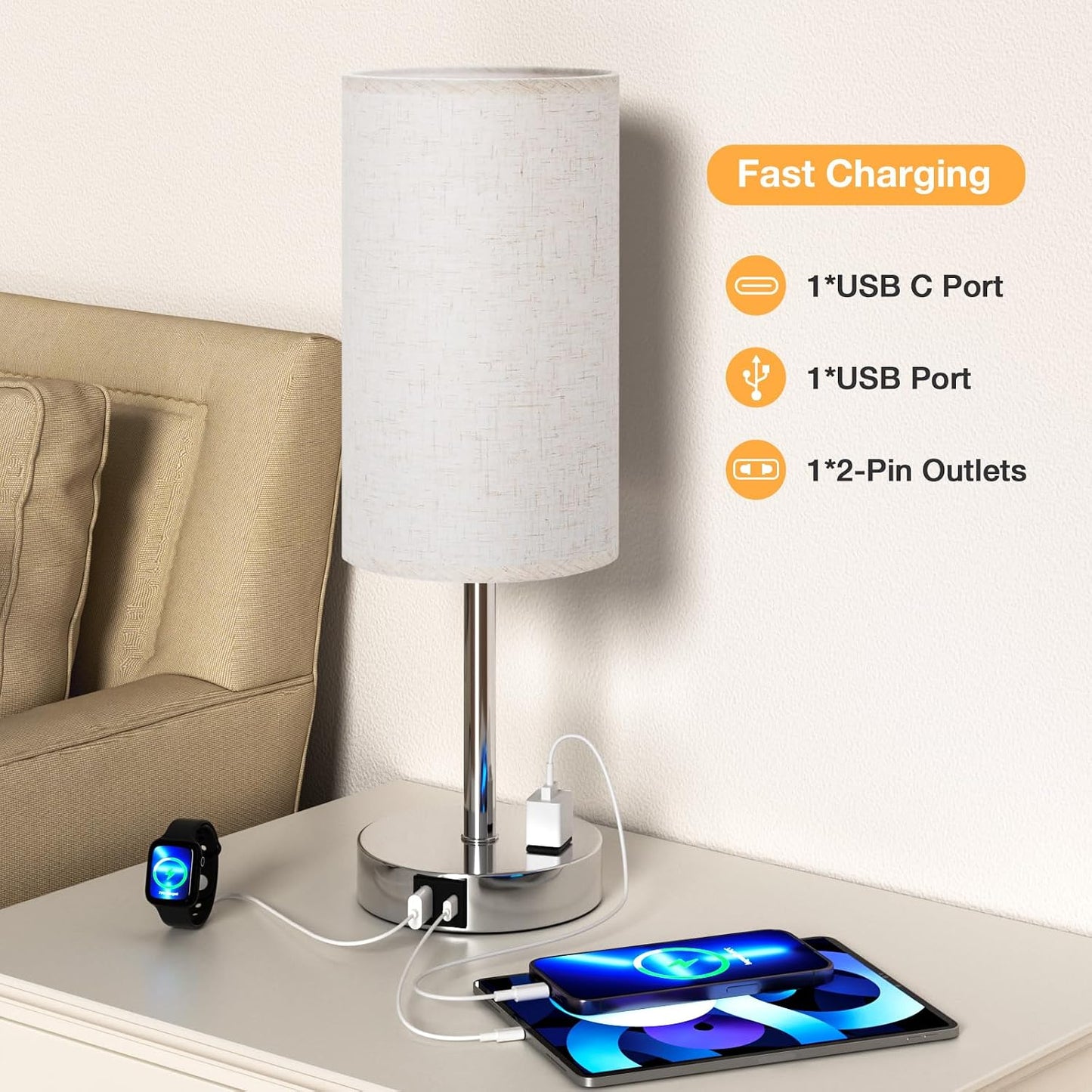 Dicoool Touch Table Lamp for Bedroom, 3 Way Dimmable Bedside Lamp with USB C & A Charging Ports - Small Desk Lamp for Dorm Room, College, Kids, Office, Living Room, White