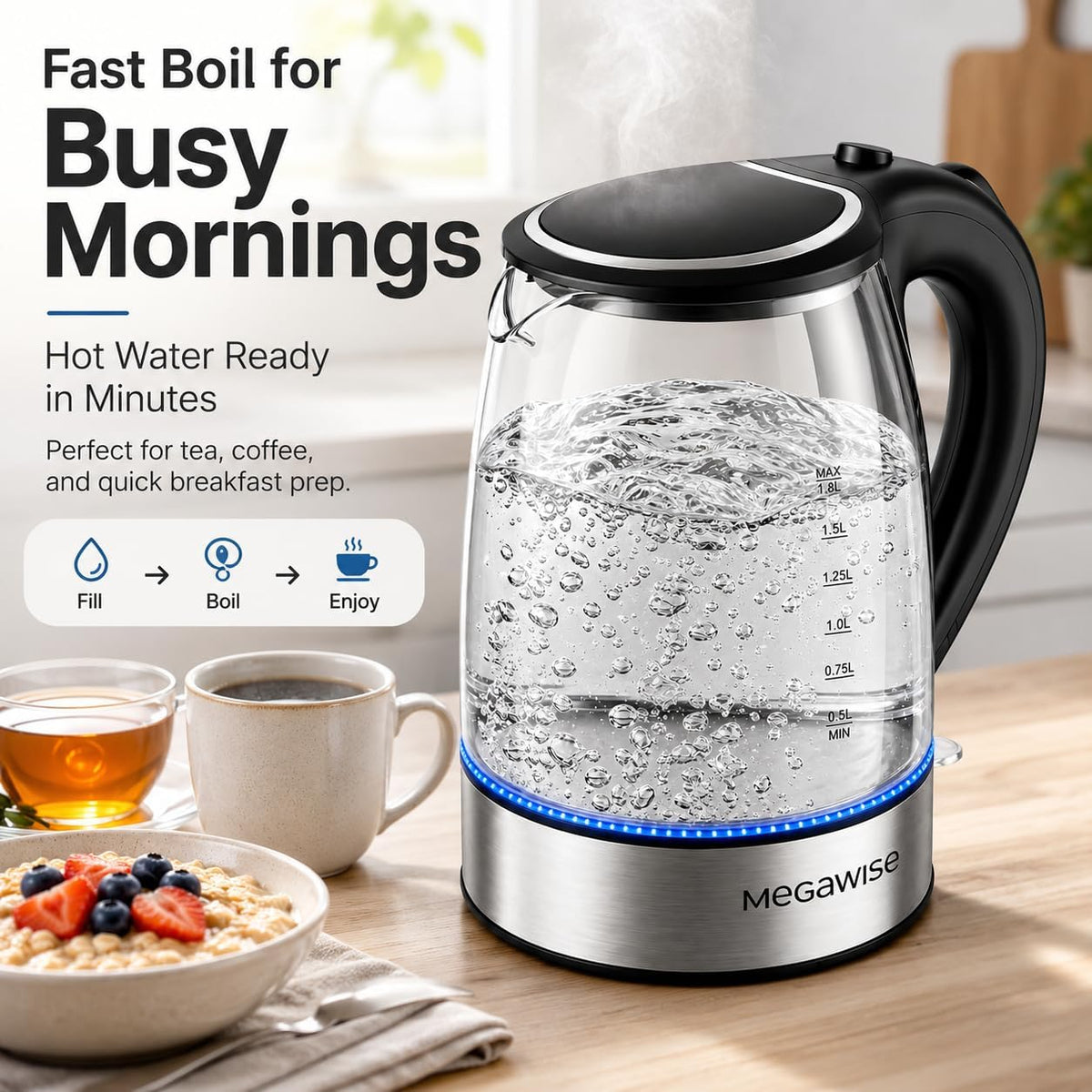 MEGAWISE 1.8 L Glass Electric Kettle, 1000W, Auto Shut-Off, Black