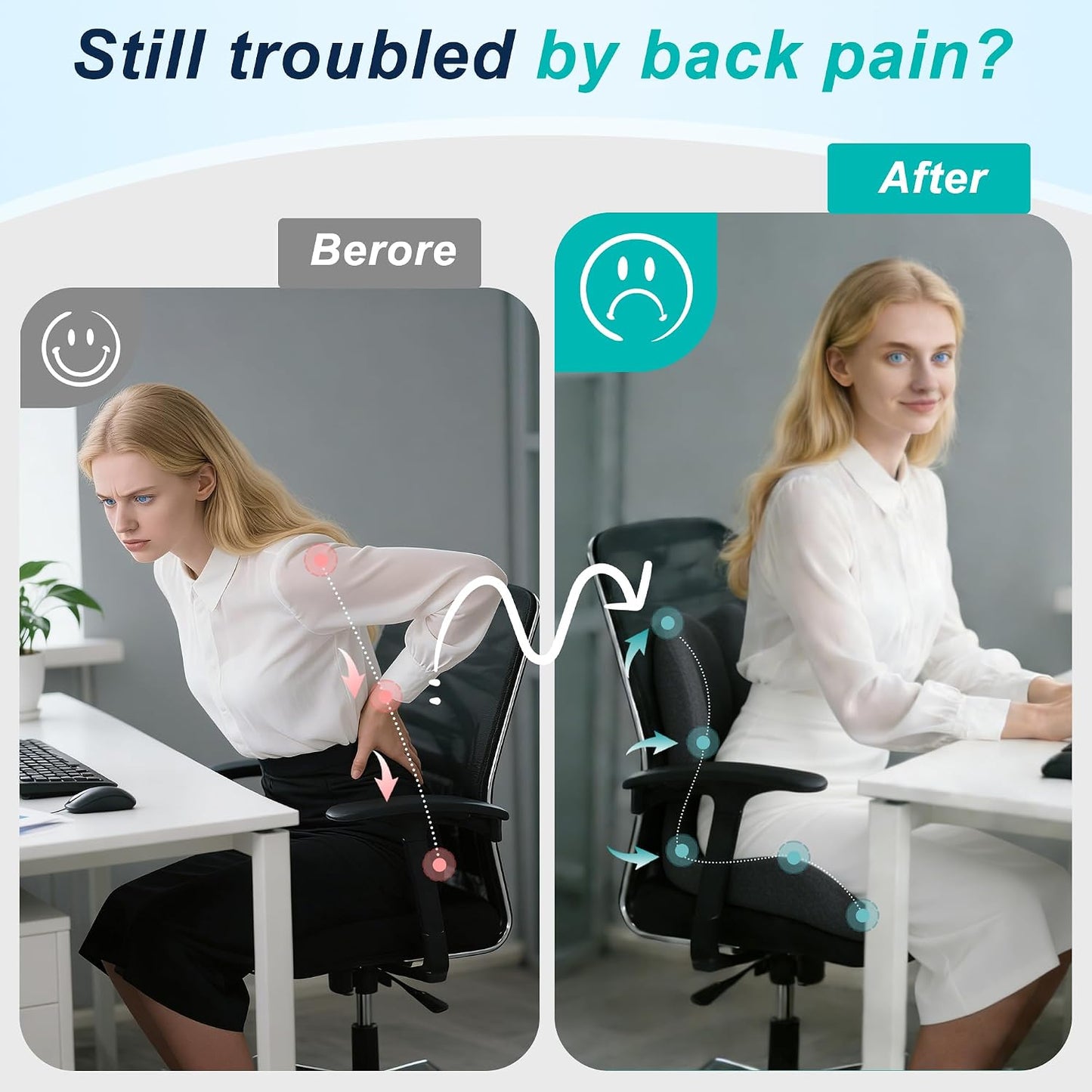 Seat Cushion for Office Chair and Car, Lumbar Support Pillow for Office Chair, Memory Foam Ergonomic Seat Cushion for Long Sitting, Back & Tailbone Pain, Sciatica - Dark Gray & Light Gray