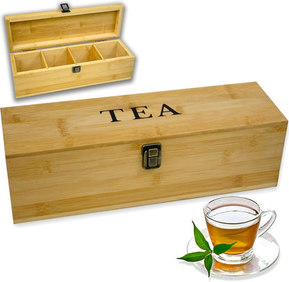 Tea Organizer Box Food Safe Chemical Free Bamboo Wood Storage Chest Big, Tall, Adjustable Cubbies (8-Slot 14.3" x 8.1" x 4.2" with TEA print design)