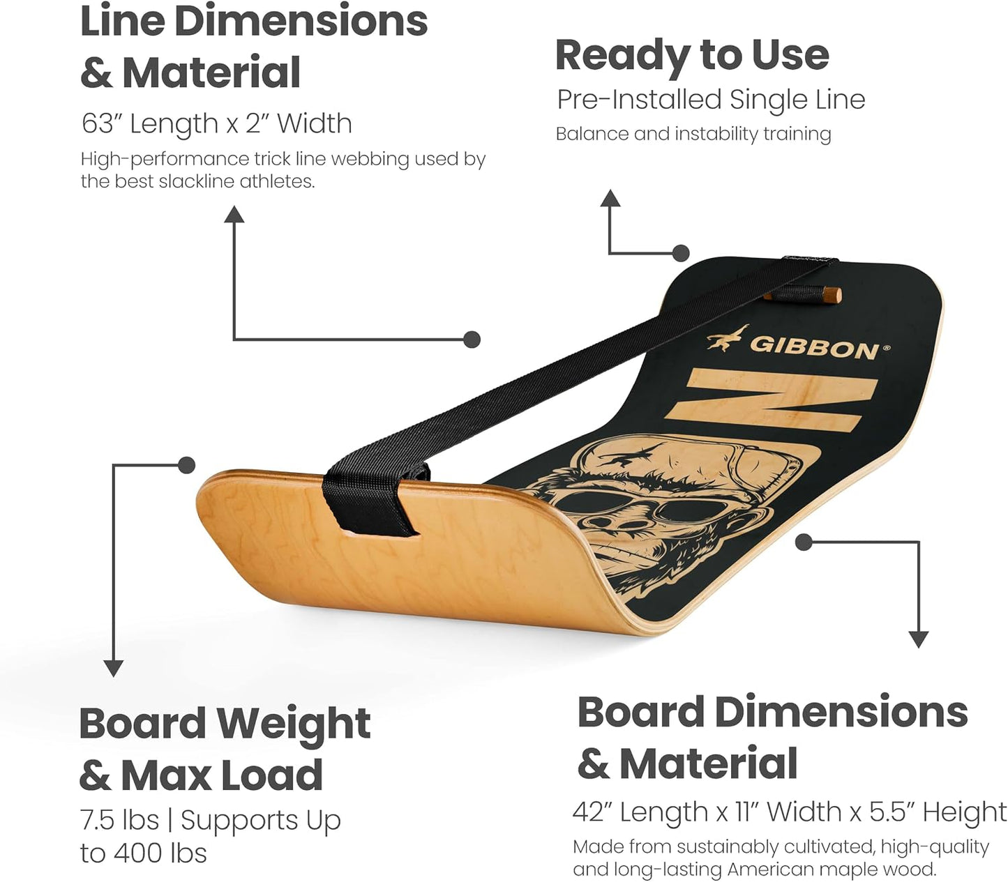 GIBBON SlackBoard - GiBoard Balance Board - Gift for Kids & Adults - 1 & 2 Line Options - Slackline Balance Trainer for Core Workouts, Standing Desk Exercise, Home Gym, Yoga & More