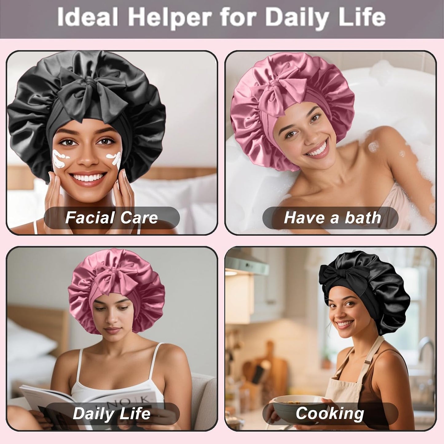 2Pcs Silk Hair Satin Bonnet for Sleeping Women,Large Satin Sleep Bonnets for Women with Elastic Tie Band Silk Hair Wrap with Ajustable Straps,Night Sleep Cap for Curly Braids,Black+Rose Gold