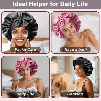 2Pcs Silk Hair Satin Bonnet for Sleeping Women,Large Satin Sleep Bonnets for Women with Elastic Tie Band Silk Hair Wrap with Ajustable Straps,Night Sleep Cap for Curly Braids,Black+Rose Gold