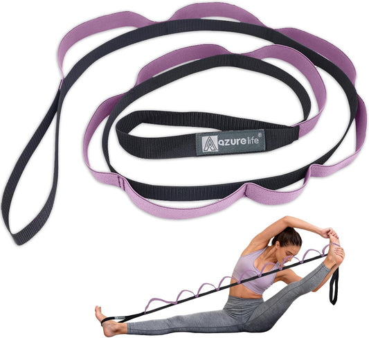 A AZURELIFE Half-Elastic Stretch Straps with 11 Loops, Stretching Strap for Physical Therapy, Multi-Loop Yoga Strap Fitness Exercise Strap for Yoga, Pilates, Dance, Flexibility&Exercise