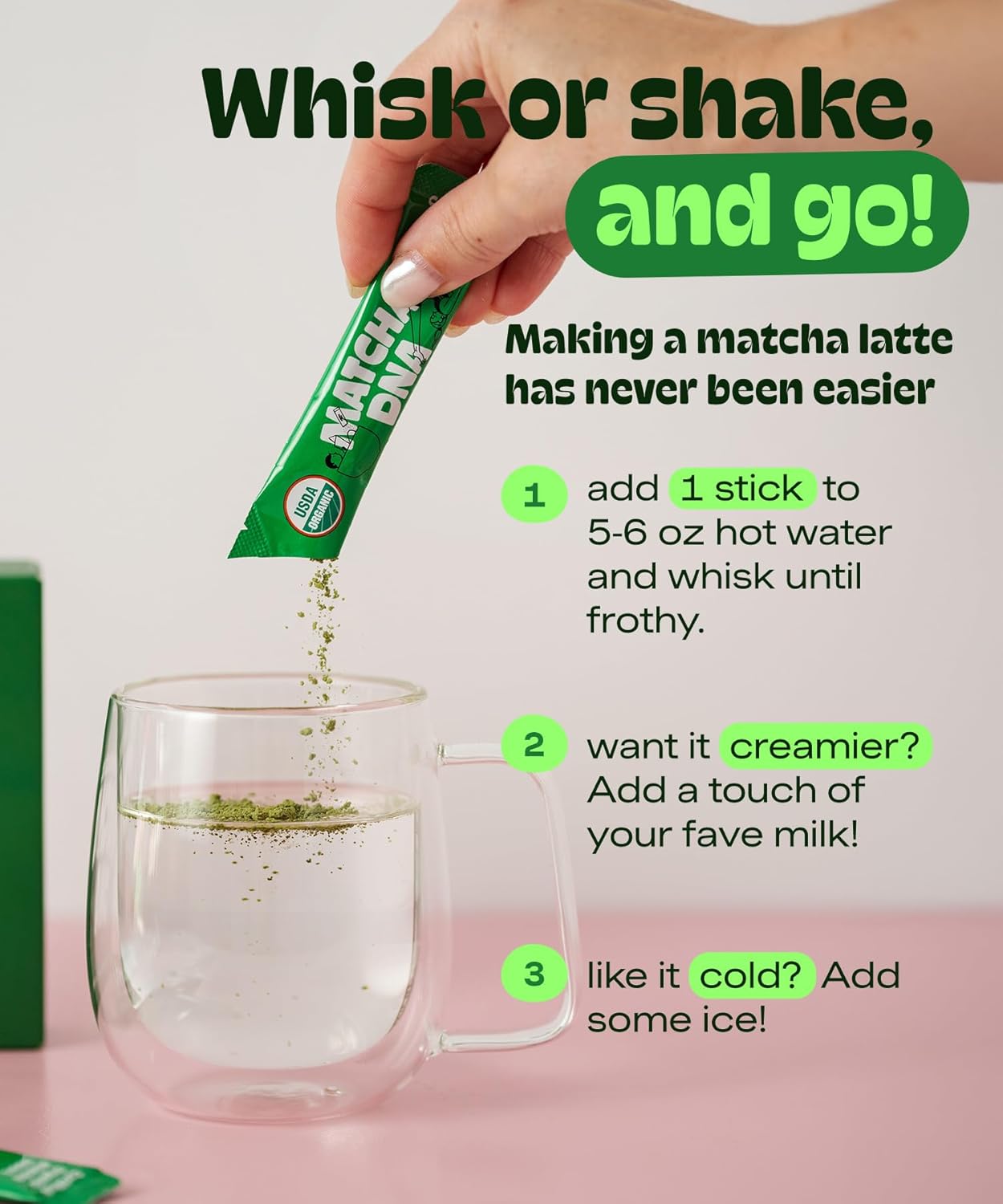 MatchaDNA Matcha Powder Sticks 7 Pack (20g Each) – Sweetened with Milk, No Sugar Added – Organic Matcha Powder Green Tea Latte Mix for Hot or Iced Drinks – Organic Macha Tea, Smooth Energy Boost