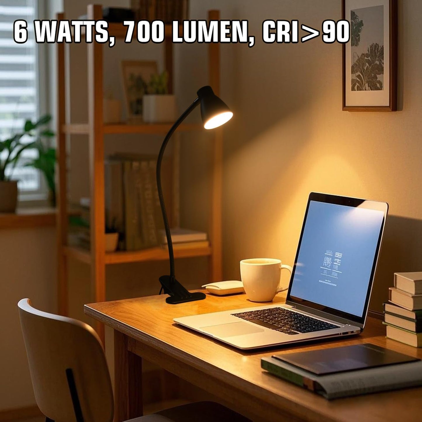 CRI 90+ Eye-Care Clip Light for Reading, 6W Small Clamp Lamp for Desk, Flexible Gooseneck Clip Lamp for Bed Headboard with 3 Color Modes & 10 Brightness(Adapter Include)