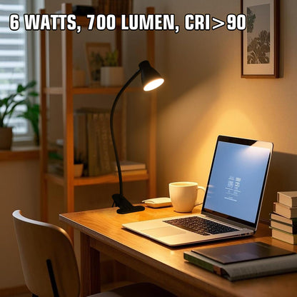 CRI 90+ Eye-Care Clip Light for Reading, 6W Small Clamp Lamp for Desk, Flexible Gooseneck Clip Lamp for Bed Headboard with 3 Color Modes & 10 Brightness(Adapter Include)