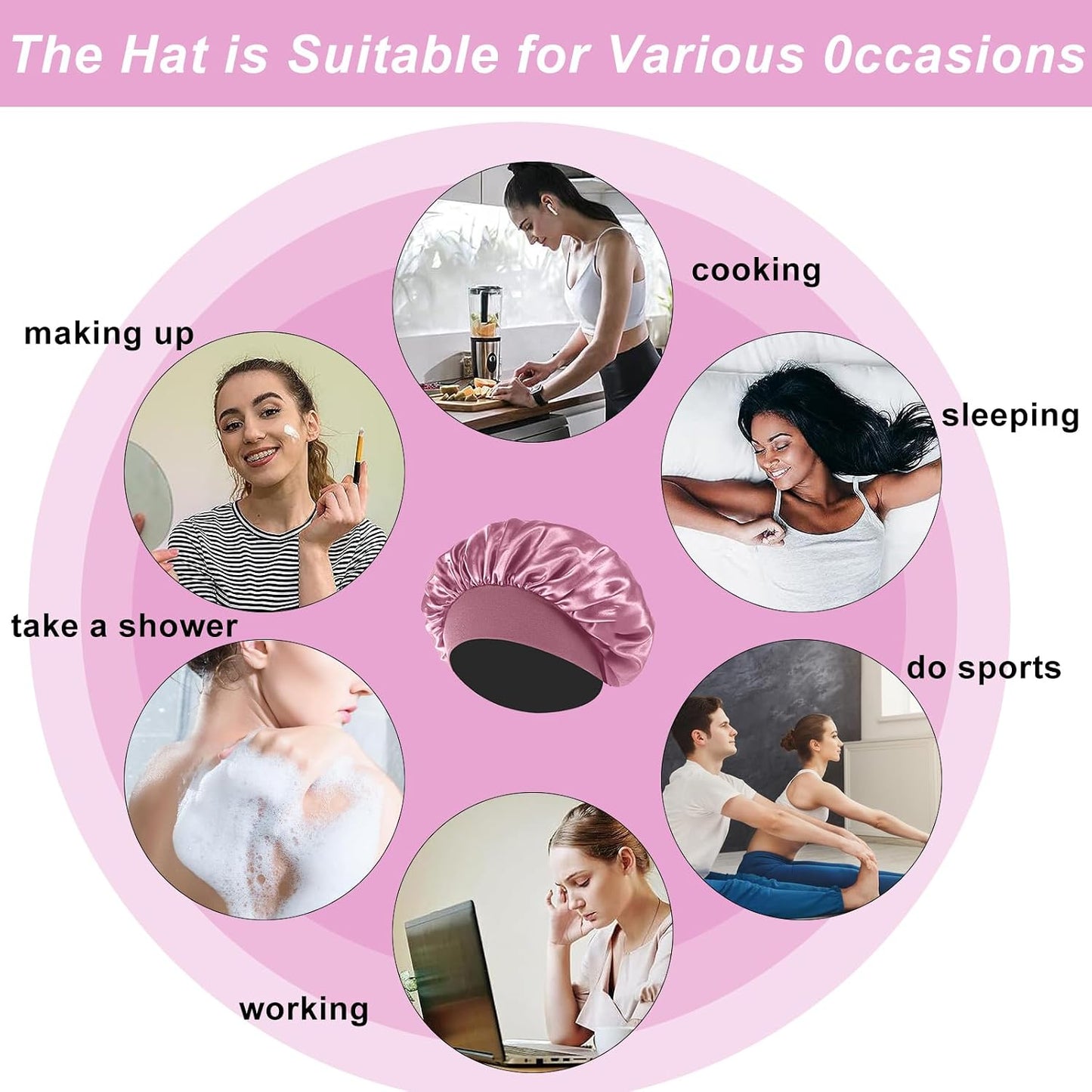 4PCS Silk Satin Bonnets for Black Women & Men - Elastic Wide Band Hair Wrap Cap for Curly Hair - Shower Cap for Sleeping (Black, Peacock Blue, Pink, Khaki)
