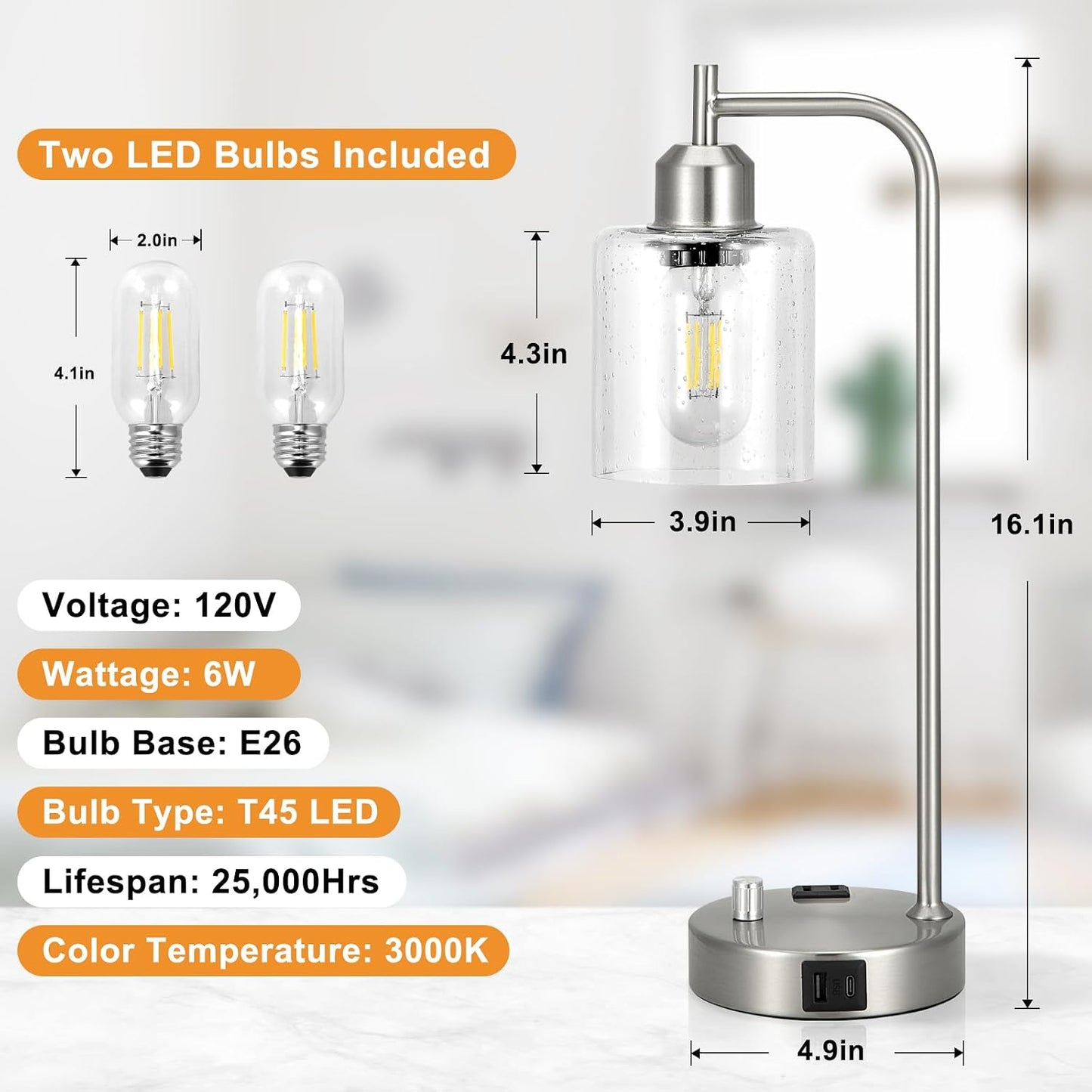 Industrial Table Lamps for Bedrooms Set of 2 - Fully Dimmable Bedside Lamps with USB A and C Ports and Outlet, Black Nightstand Lamps with Glass Shade for Living Room, Desk Lamps for Office Reading