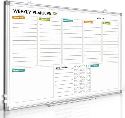 Dry Erase Calendar Whiteboard for Wall, 24"x18" Magnetic Monthly White Board Cork Board Combo, Double Sided, Aluminum Frame, Wall Hanging Wipe Board for Home, Office, School, Dorm
