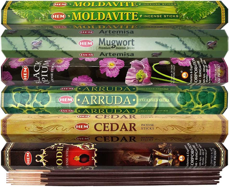 Hem Incense Sticks Variety Pack #23-120 Insence-Sticks (6 Incents x 20 Insense) + Incense Stick Holder with 6 Most Liked Scents Including Patchouli Dragons Blood White Sage Frankincense-Myrrh