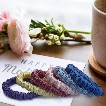 VLOMOT 6 Pcs Set 100% Pure Mulberry Silk Hair Scrunchies - 6 Chic Colors Everyday Skinny Scrunchies Silk Ponytail Holders - No Damage (Purple)
