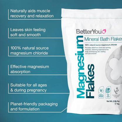 BetterYou Magnesium Mineral Bath Flakes - Mineral Bath Salts with Magnesium Chloride - Foot Bath or Body Bath Soak - Safe On Sensitive Skin - 2.3 lb