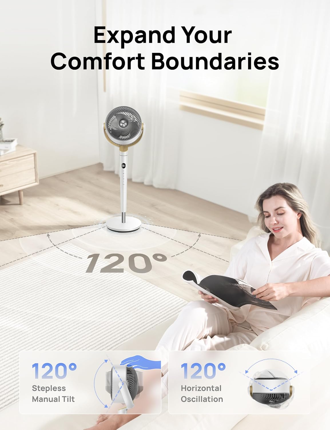 DREO Fan for Bedroom, 120° Oscillating Standing Fan, Quiet Floor Fan with DC Motor, Pedestal Fan for Room, 9 Speeds, 4 modes, 20dB, 120° Manual Vertical, 37-42" Adjustable Height, 9H Timer, Dark Gray