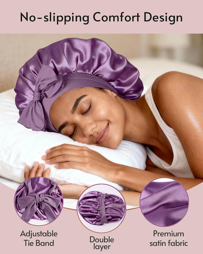 Yanideer 3 pcs Adjustable Satin Bonnets for Sleeping Double Layer Satin Lined Hair Bonnet with Tie Band for Women Curly Hair