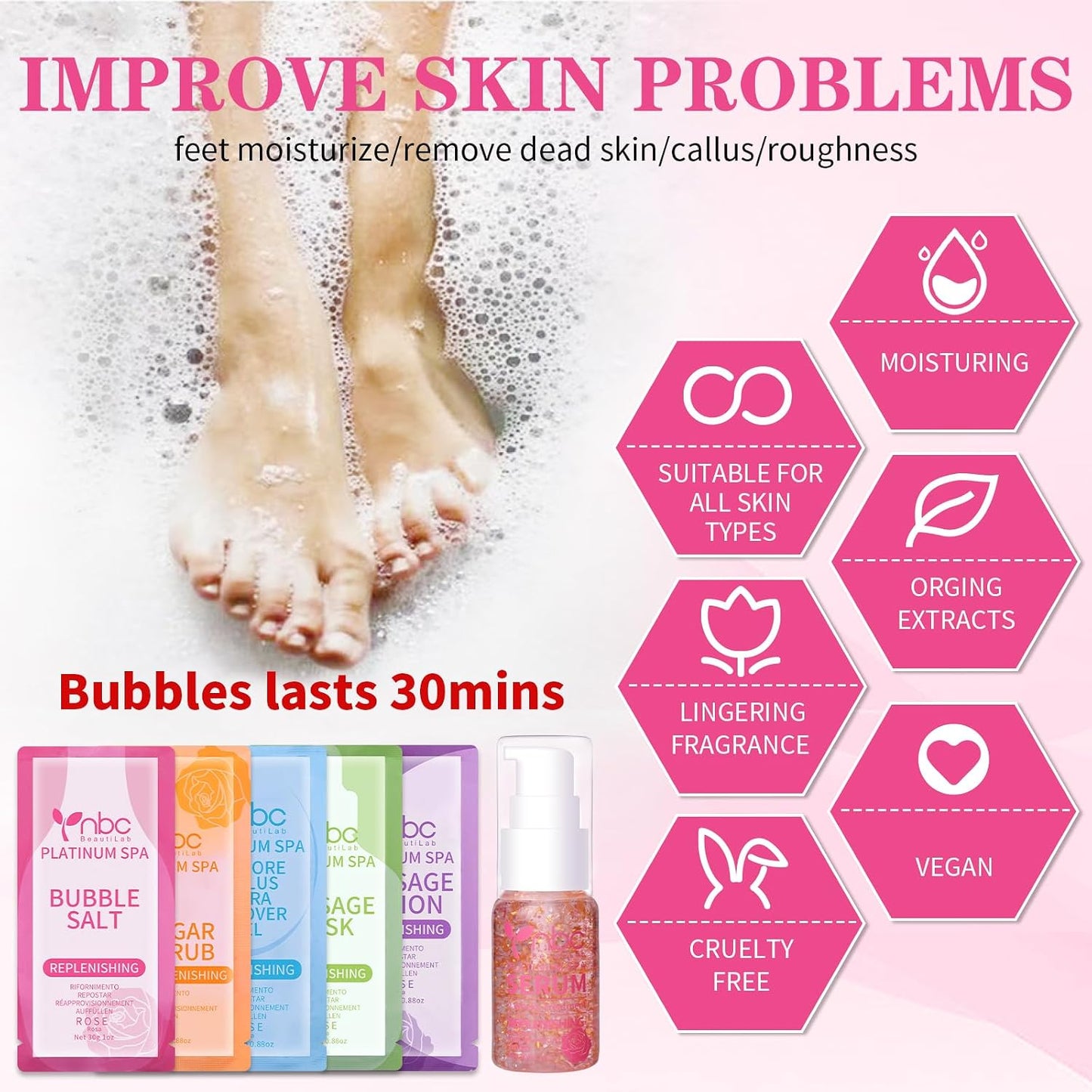 Pedicure Kit Foot Soak Set: Bubble Salt, Sugar Scrub, Massage Mask, Massage Lotion in a Box, 4 Step Foot Spa Kit for Dry Feet, Softens Calluses, Tired Feet（3 Set Lavender) - Colors B