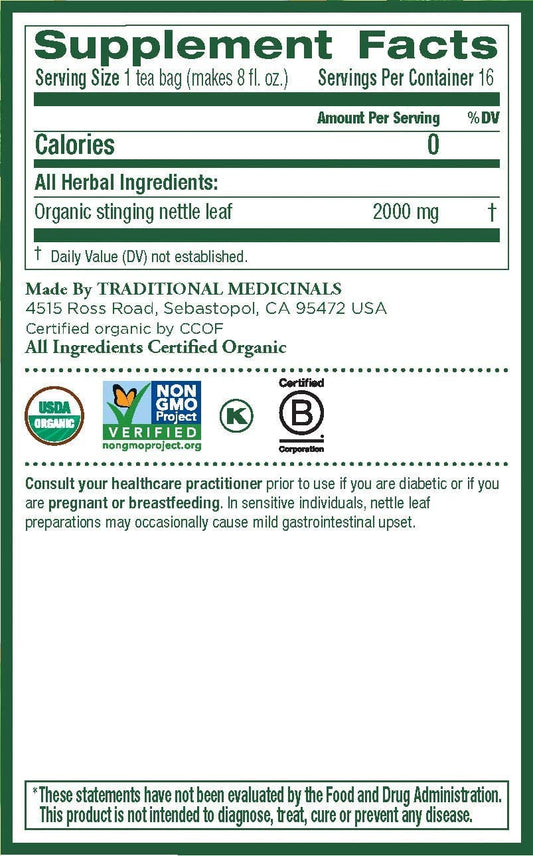 Traditional Medicinals Organic Nettle Leaf Herbal Tea, Supports Joint Health & Overall Wellness, (Pack of 6) - 32 Tea Bags Total