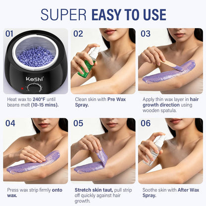 KeShi Waxing Kit, Painless Hair Removal Wax Warmer with 6 Bags Hard Wax Beans for Full Body, Legs, Face, Eyebrows & Bikini— Ideal for Both Women & Men