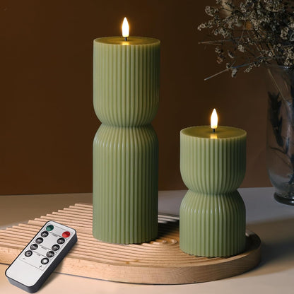 White Ribbed Flameless Pillar Candles with Remote, Real Wax Flickering Battery LED Candles Set of 2