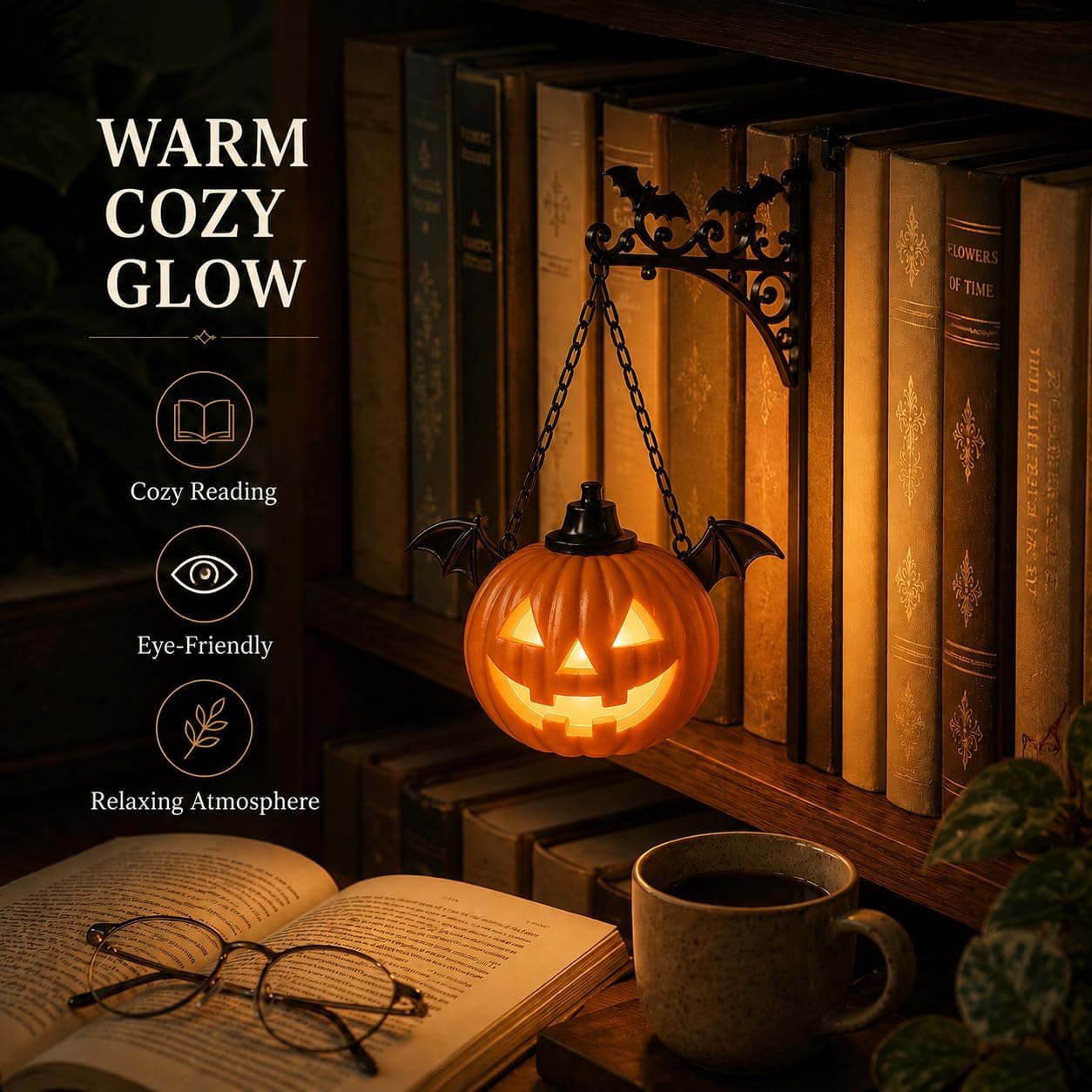Library Lantern-Decorative Bookshelf Lighting, Mini Bookshelf Lamp Slides Between Books, Warm Amber LED Bookshelf Lights for Book Nook, Shelf Decor Gift for Book Lovers(Reading Ghost)
