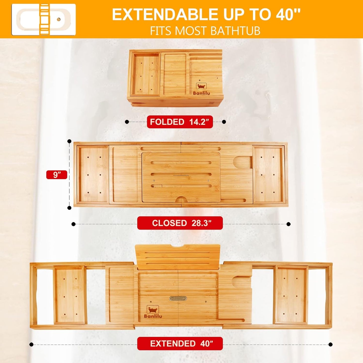 Premium Bamboo Bathtub Tray Caddy - Bath Tub Tray Table for Bathtub - Bath Caddy Tray for Bathtub, Expandable Size, Fits Most Bath Tubs