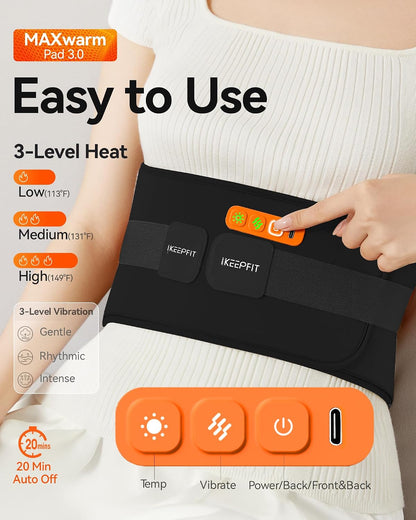 IKEEPFIT Portable Heating Pad for Back, FSA Eligible HSA, Cordless Heat Belt with Massager for Lower Back Pain Relief, Battery Powered 8000 mAh Rechargeable, MAXwarm 3.0, Gift for Women Men 90-310 lb