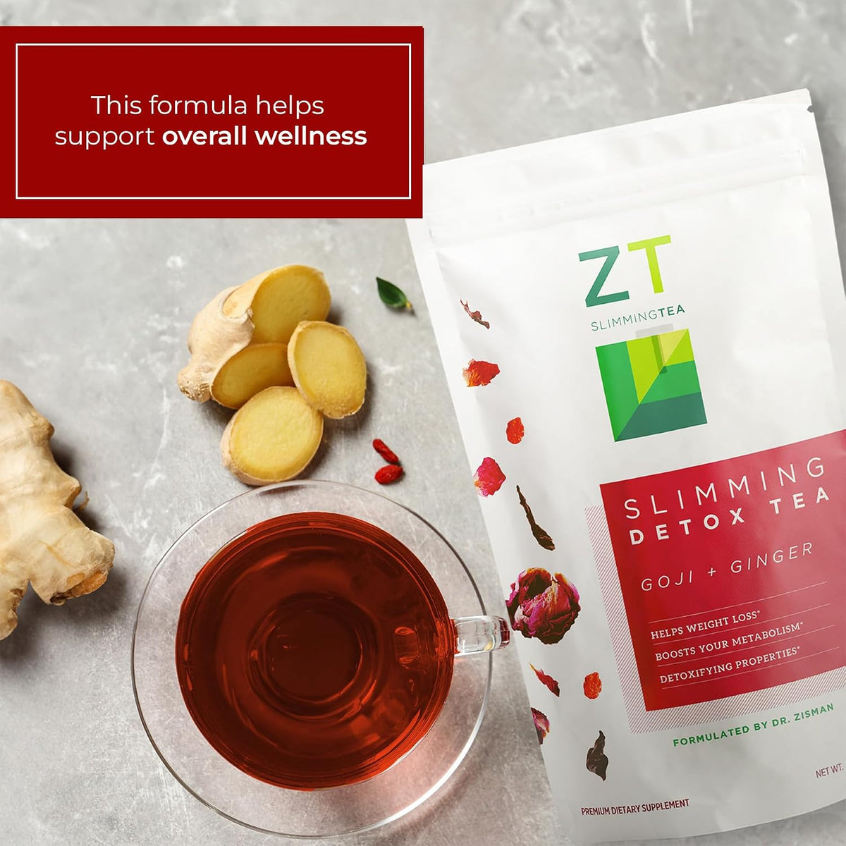 Dr. Zisman ZT Slimming Detox Tea – Goji & Ginger Herbal Blend, 30 Servings