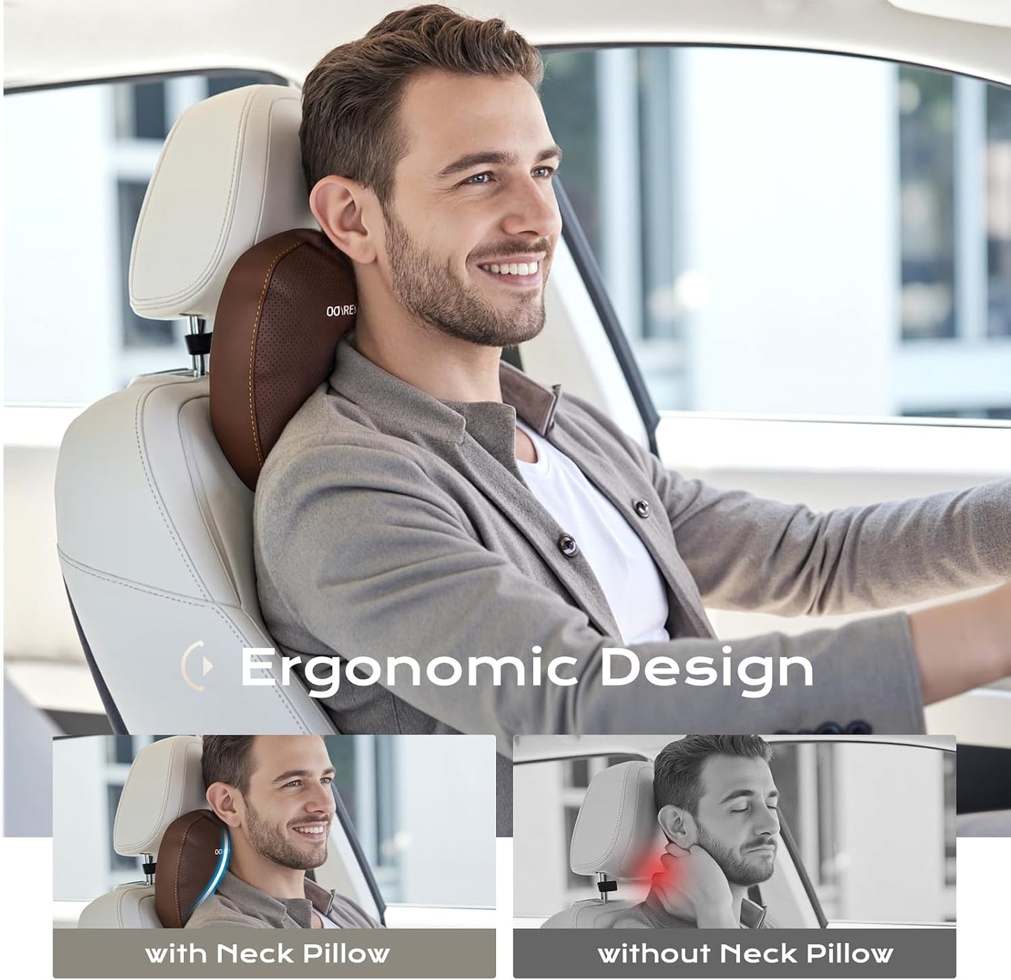 Coverado Car Lumbar Support Pillow and Car Neck Pillow Kit, Ergonomic Design Car Headrest Pillow for Driving, Relax Back Head Muscles Relieve Driving Fatigue, Breathable & Removable Cover, Gray