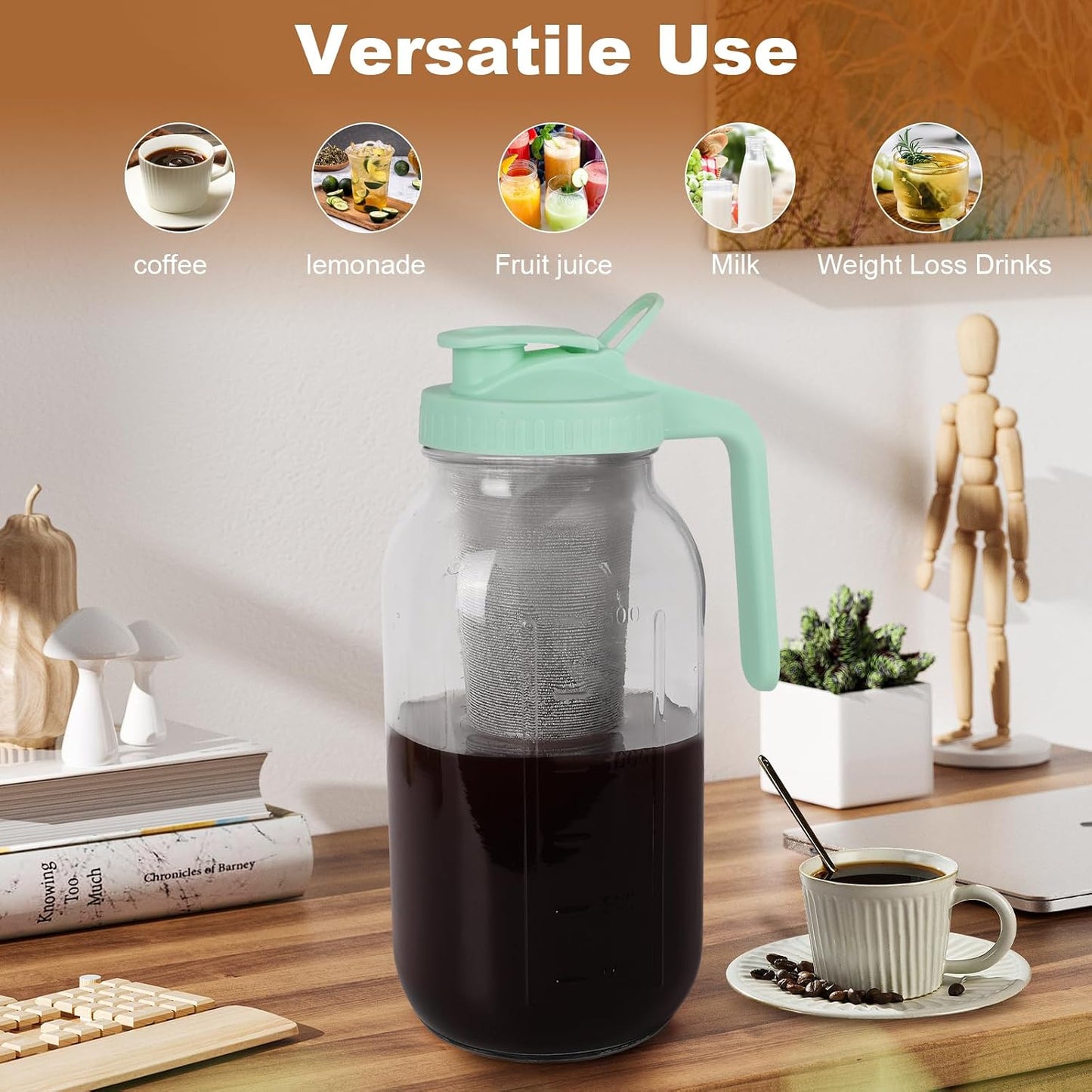 Cold Brew Coffee Maker,64 oz Mason Jar Pitcher with Stainless Steel Filter, Pour Spout Handle Lid, Heavy Duty Glass Airtight & Leak-Proof for Iced Coffee,Tea & Lemonade