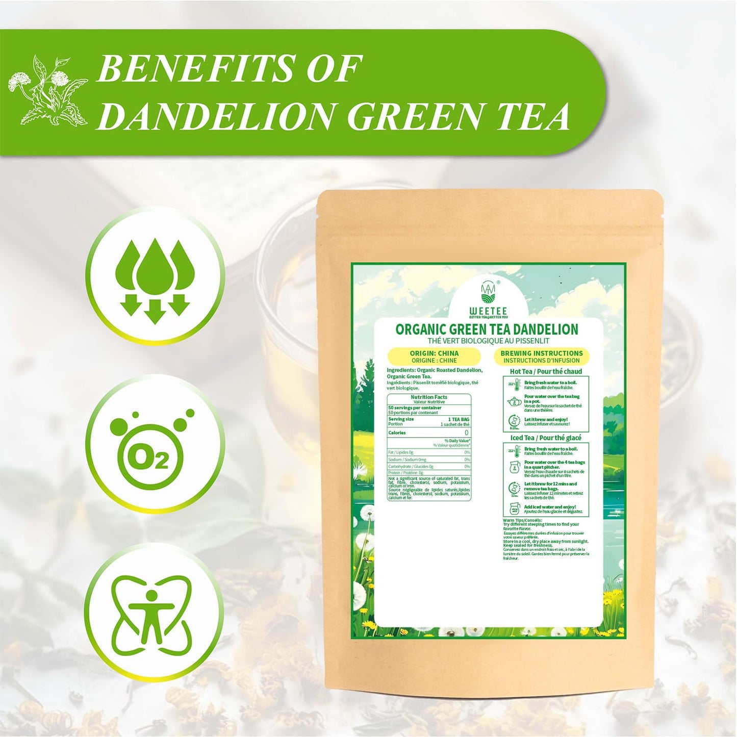 WT WEETEE Organic Dandelion Root Tea Bags, Pure Raw Dandelion Root 100 Count, Earthy & Refreshing Herbal Tea
