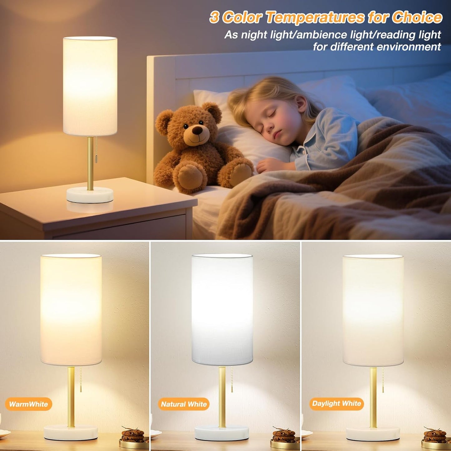Small Bedside Table lamp for Bedroom - 3 Color Temperatures Bedside Lamps with USB C and A Ports, Pull Chain Table Lamps with AC Outlet, White Nightstand Lamps with Black Metal Base for Kids Reading