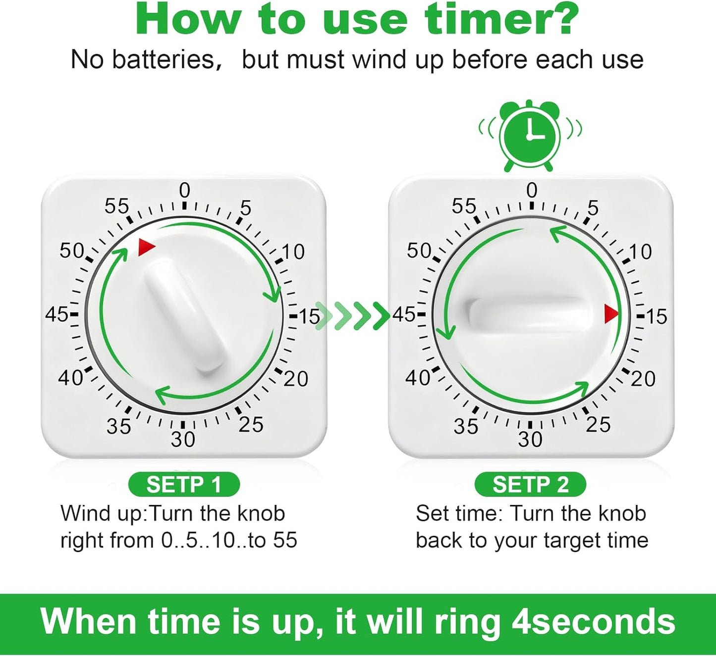 Large Size 60 Minute Mechanical Kitchen Timer - Visual Wind Up Timer Clock with Loud Alarm - No Batteries Required-Magnetic Backing, Timer for Classroom, Home, Study and Cooking (White)