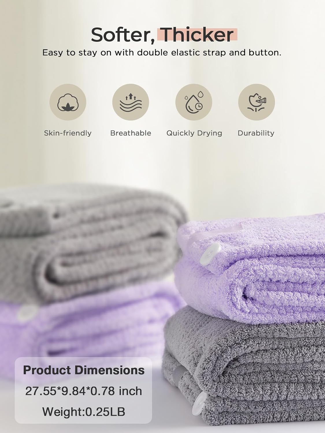 Hicober Microfiber Hair Towel Wrap, Fast Drying Hair Towels for Women, Soft Lightweight Quick Dry Turban for Curly & Long Hair–3 Pack(Blue/Grey/Pink)