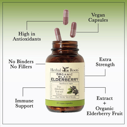 Herbal Roots Organic Black Elderberry Capsules - Max Strength - USDA Certified Organic - Immune Support - 60 Vegan Capsules