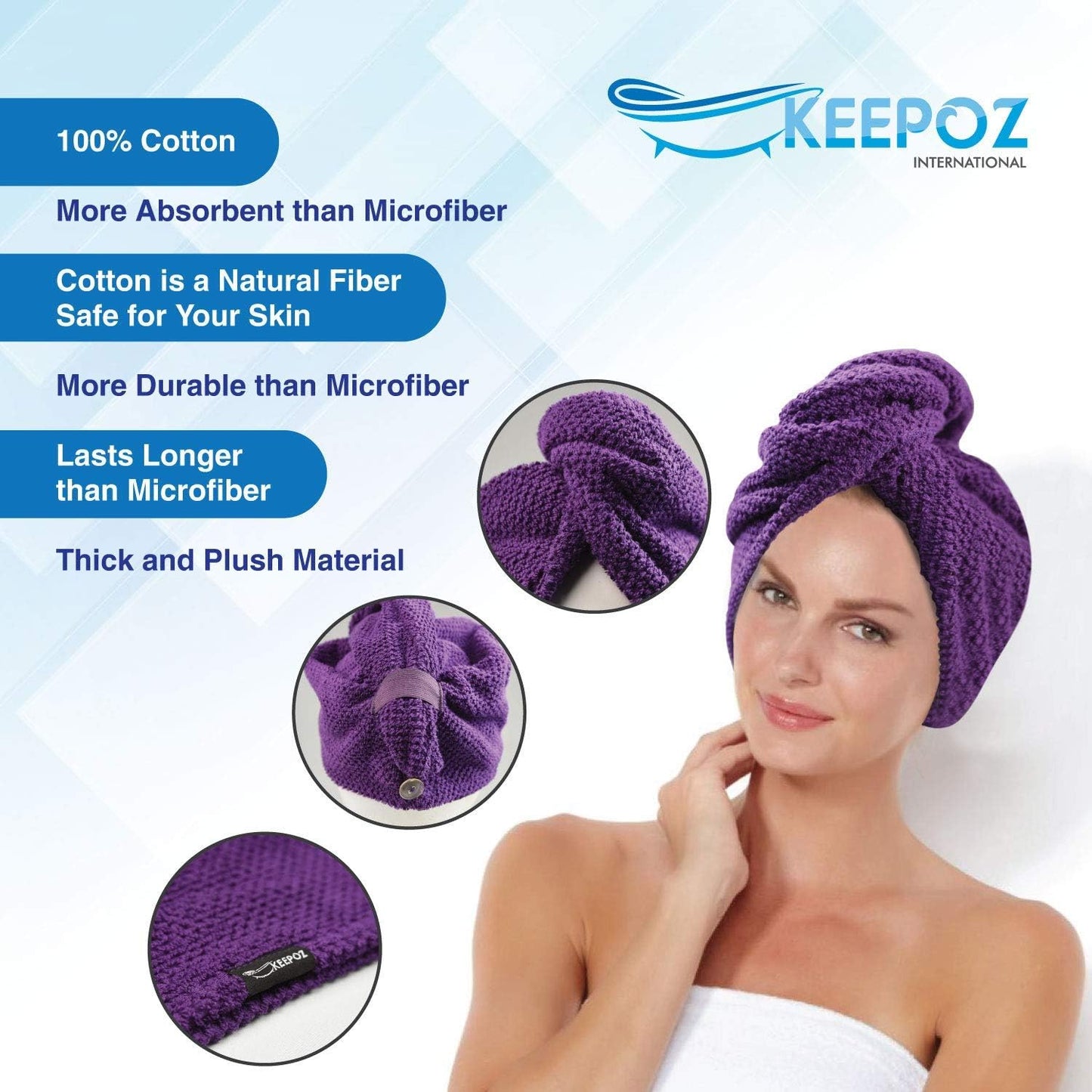 KEEPOZ 100% Cotton Hair Towel Wrap Quick Dry Super Absorbent Turban Head Wrap for Women with Button, Anti Frizz, Hair Cap for Curly, Long & Thick Hair (White, 1 Pc)