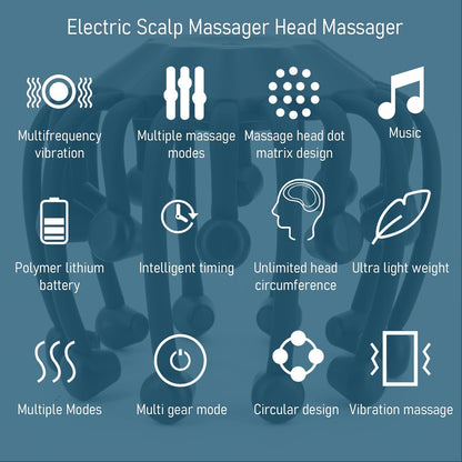 Electric Scalp Massager - Octopus Head Massager Stress Relax, 20 Claw Multi-Configuration Array Vibrating Nodes, 5 Modes, Bluetooth Music, Hair Scalp Relaxation, Fatigue Relief