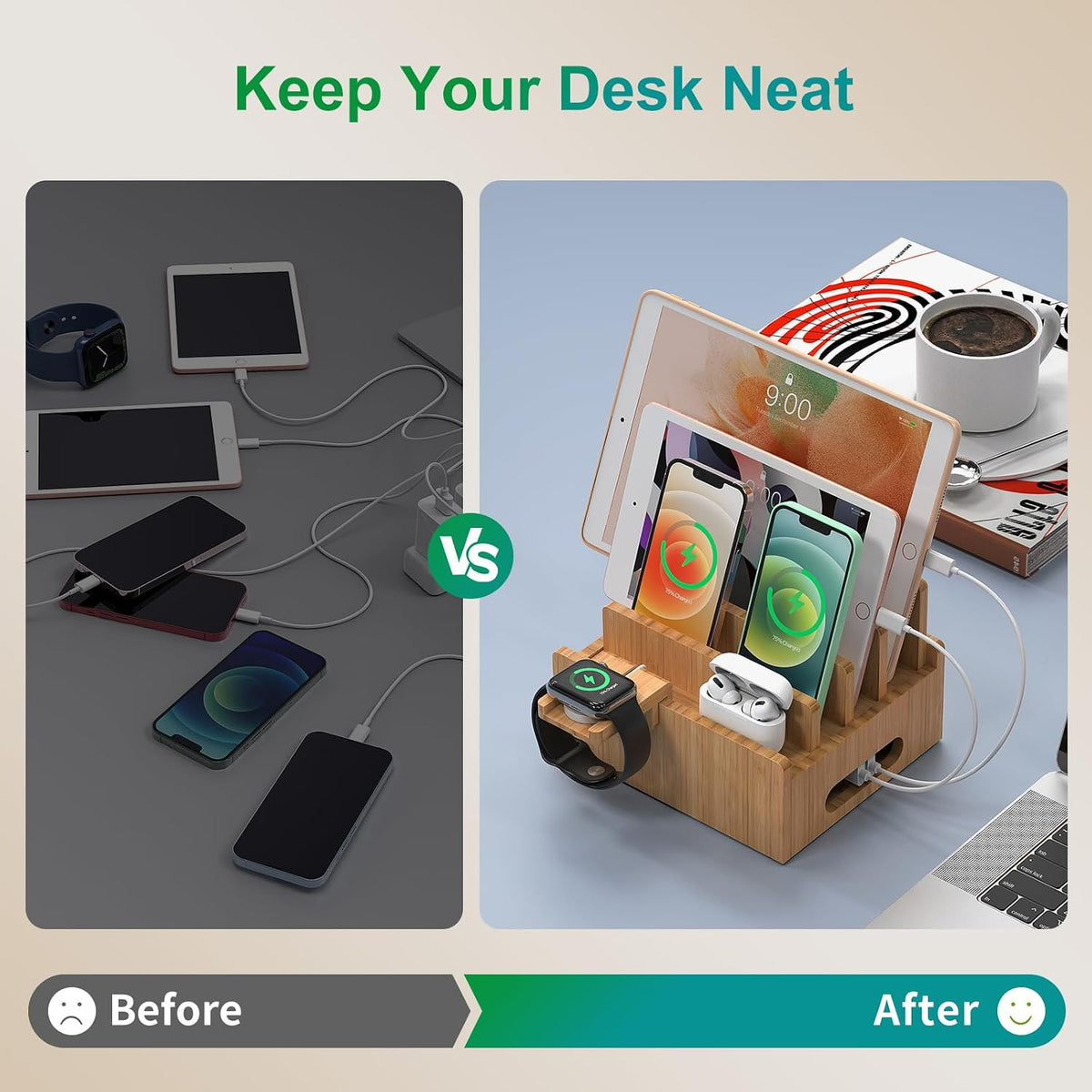 Pezin & Hulin Bamboo Charging Station with USB Charger,5Cables-Natural