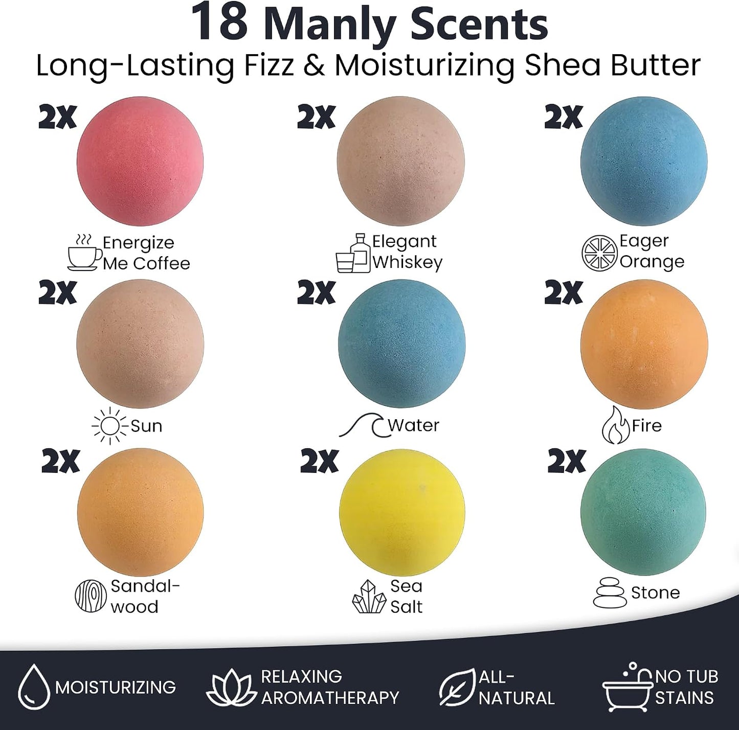 Bath Bombs for Men - Gift Set of 18 Square Shaped Handmade Natural Bath Bombs of 2.5 oz w/Essential Oils, Unique Manly Scents, for Boyfriend, Husband, Father - 18 Pack Square