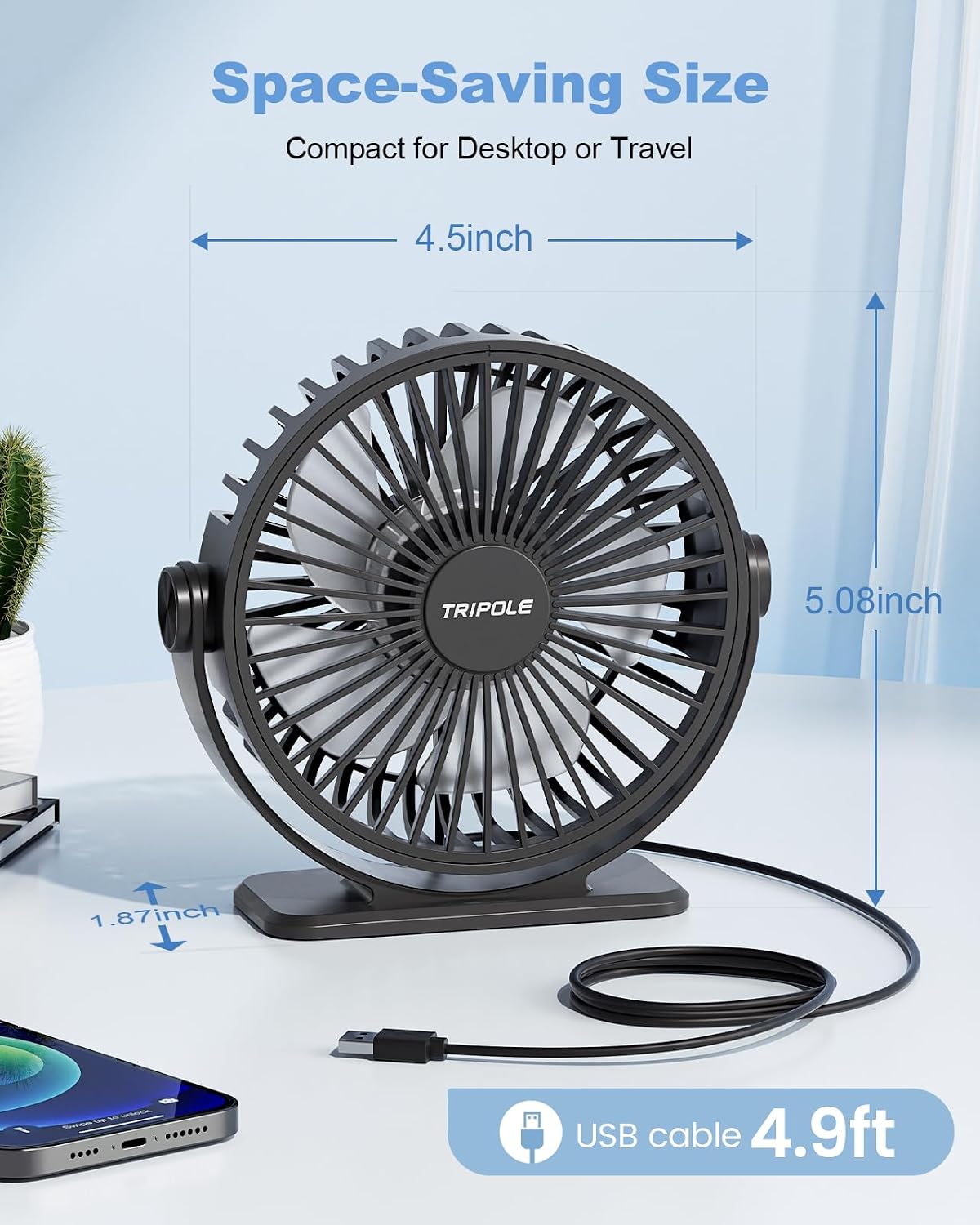 TriPole USB Desk Fan Small Portable, 360° Rotation Quiet Mini Personal Fan