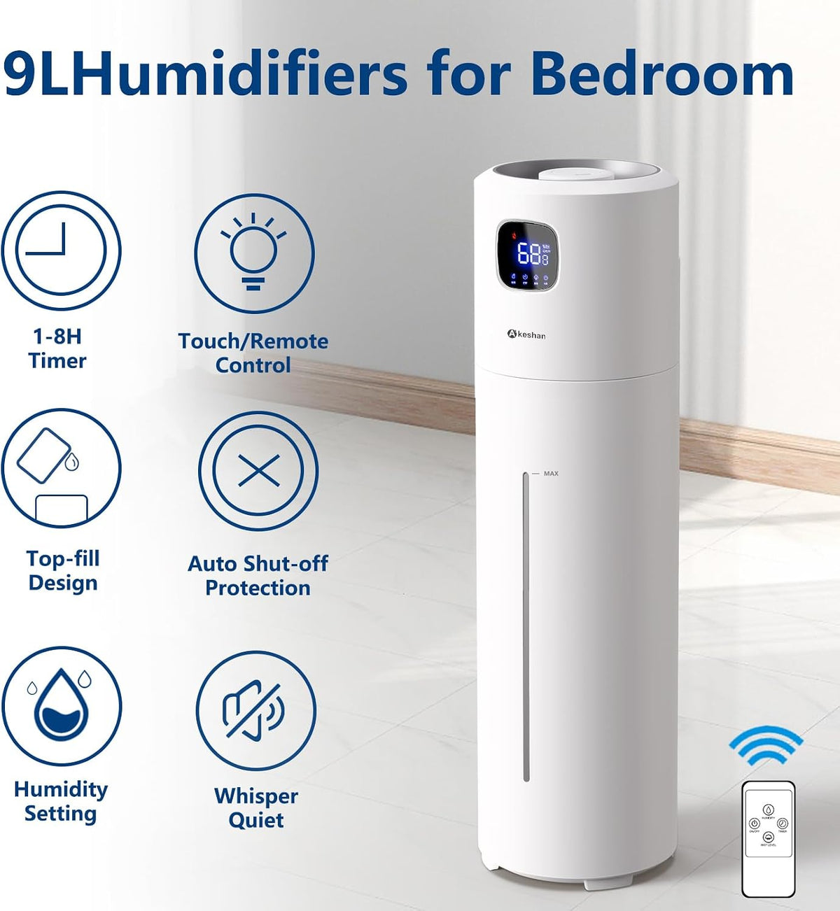 Akeshan Large Humidifiers for Bedroom, 9L/2.5Gal Ultrasonic Cool Mist Humidifier, Top Fill Easy Clean with 350ML/H Large Mist Speed, Quiet, Suitable for Kids Room Plant Yoga Office Study Room Living