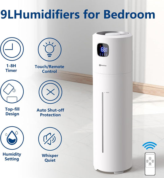 Akeshan Large Humidifiers for Bedroom, 9L/2.5Gal Ultrasonic Cool Mist Humidifier, Top Fill Easy Clean with 350ML/H Large Mist Speed, Quiet, Suitable for Kids Room Plant Yoga Office Study Room Living