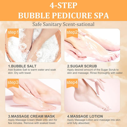 Pedicure Kit Foot Soak Set: Bubble Salt, Sugar Scrub, Massage Mask, Massage Lotion in a Box, 4 Step Foot Spa Kit for Dry Feet, Softens Calluses, Tired Feet（ Lavender) - Colors B