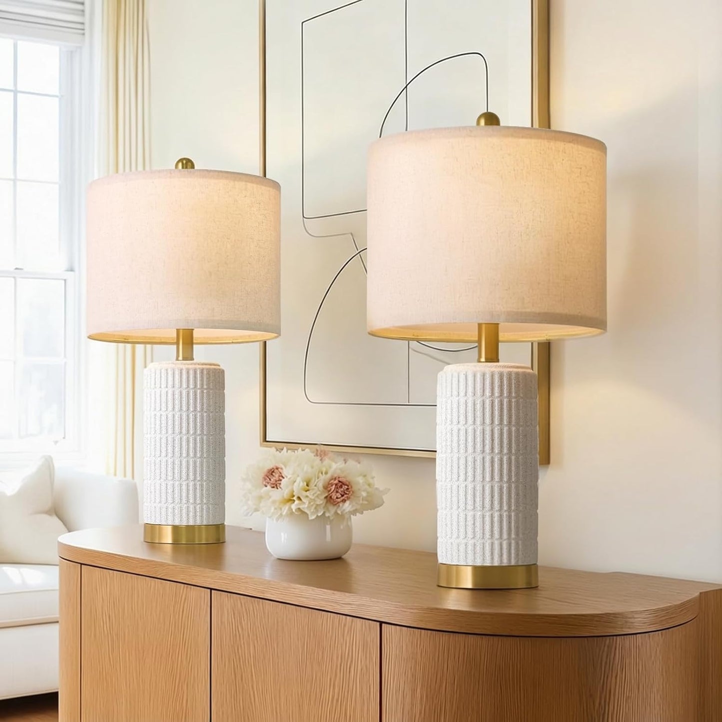 PoKat 20.75" Small Modern Ceramic Table Lamps Set of 2 for Bedroom, White Bedside Lamps for Night Stands, Farmhouse Desk Home Decor Gift Nightstand Table Lamps for Living Room End Table Beige