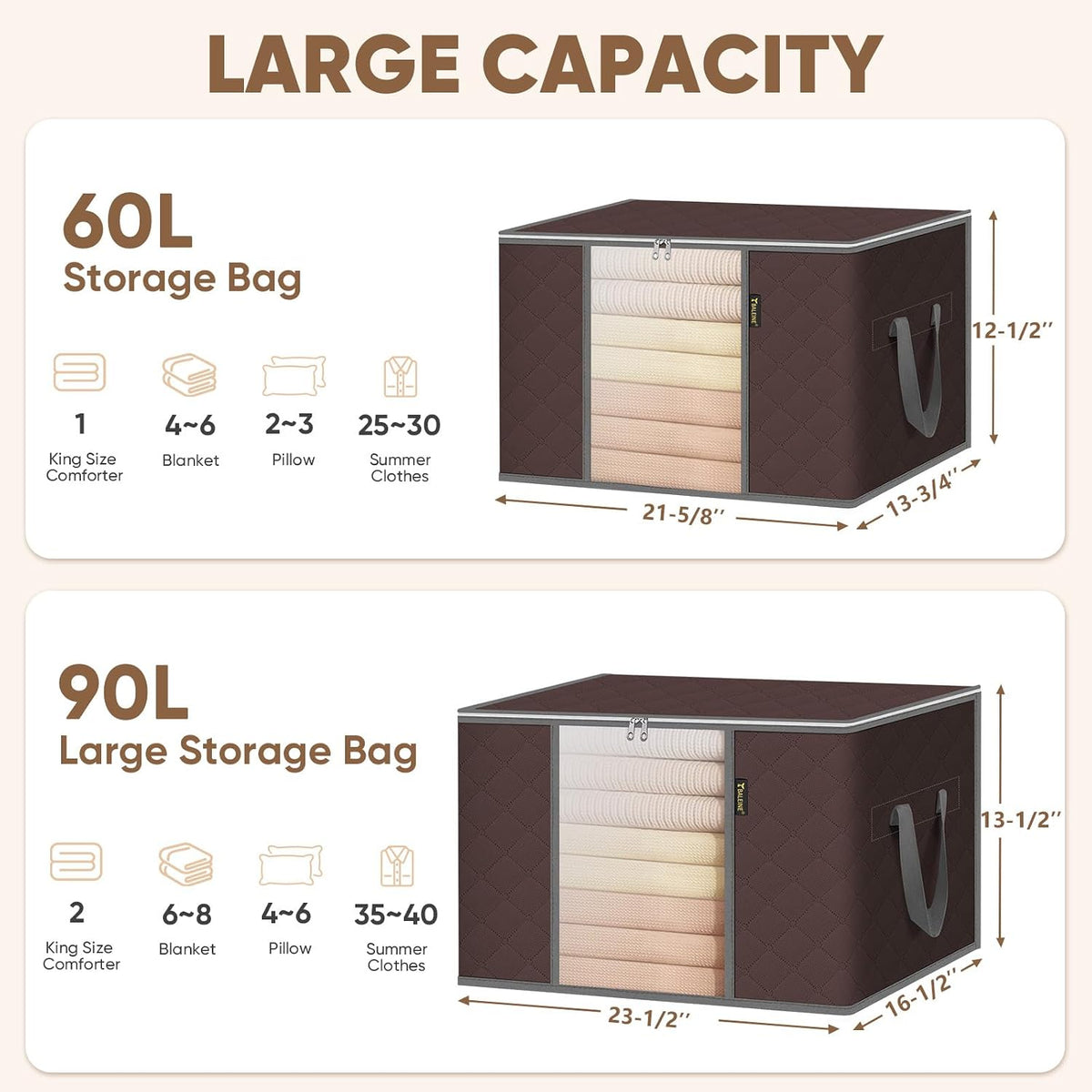 BALEINE Clothes Storage Bags, 24 Gallon Storage Containers with Reinforced Handle, Sturdy Zipper, Closet Organizer for Blanket, Comforter, Pillow, Bedding (Brown)