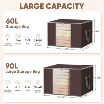 BALEINE Clothes Storage Bags, 24 Gallon Storage Containers with Reinforced Handle, Sturdy Zipper, Closet Organizer for Blanket, Comforter, Pillow, Bedding (Brown)