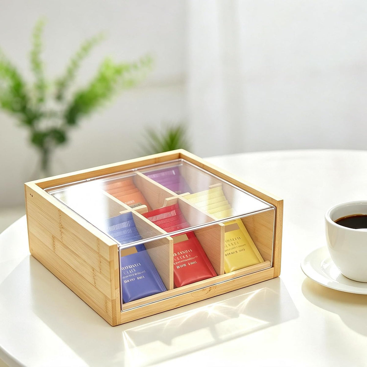 HTB Acacia Wood Tea Bag Organizer Storage Box with 6 Compartments