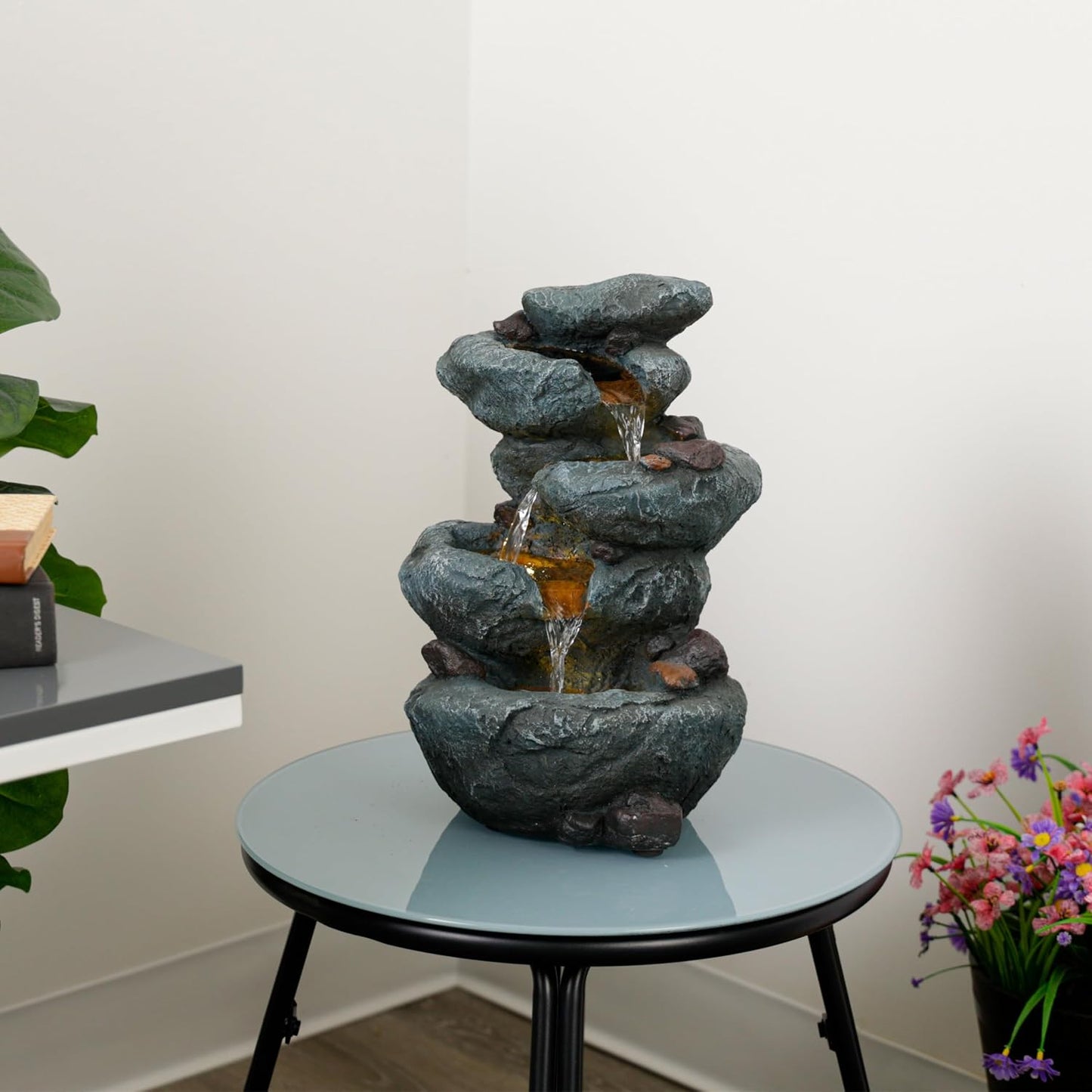 Alpine Corporation 13" Tall Indoor Tabletop Water Fountain, 4 Tier Cascading Water Feature with LED Lights for Home, Office, Living Room, or Zen Decor, Gray