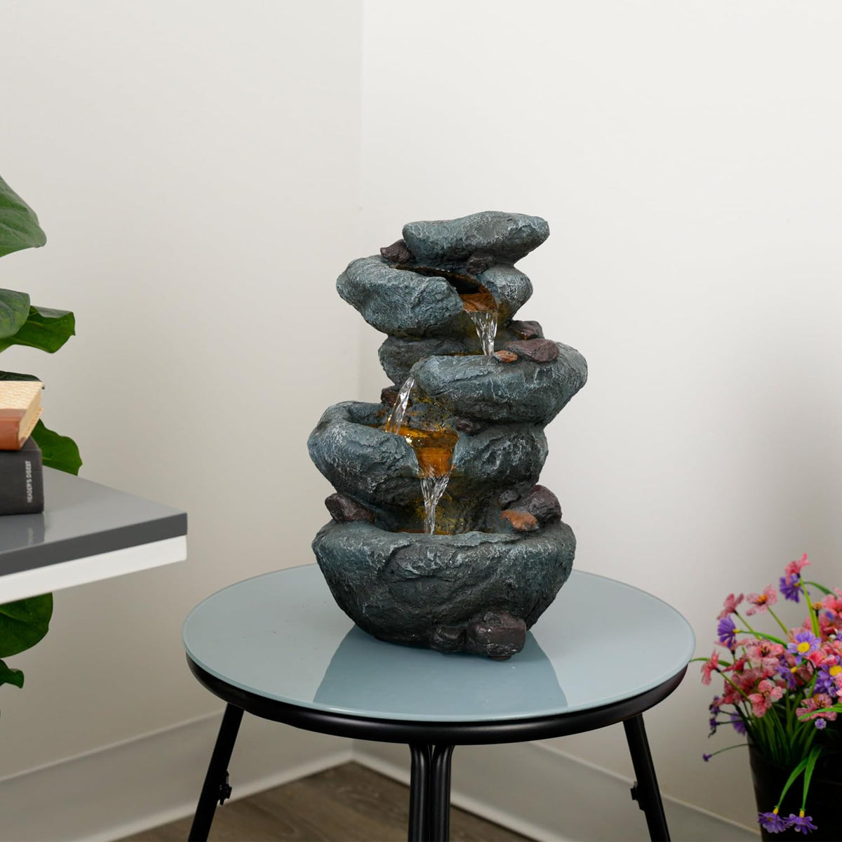 Alpine Corporation 13" Tall Indoor Tabletop Water Fountain, 4 Tier Cascading Water Feature with LED Lights for Home, Office, Living Room, or Zen Decor, Gray